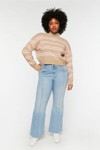 KHAKI/PEONY Plus Size Striped Mock Neck Cropped Sweater, image 4