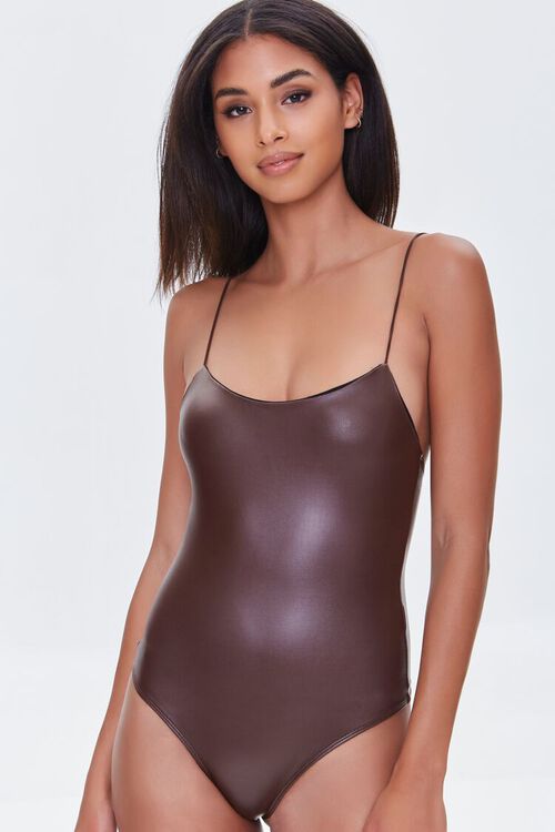 BROWN Faux Leather Cami Bodysuit, image 5