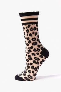 Sheer Leopard Print Crew Socks, image 1
