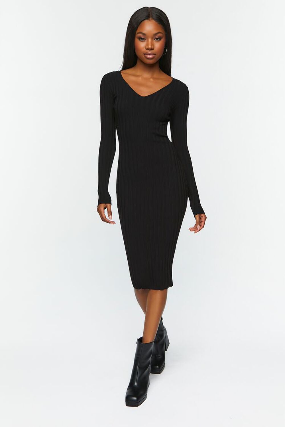 BLACK Sweater-Knit V-Neck Midi Dress, image 1
