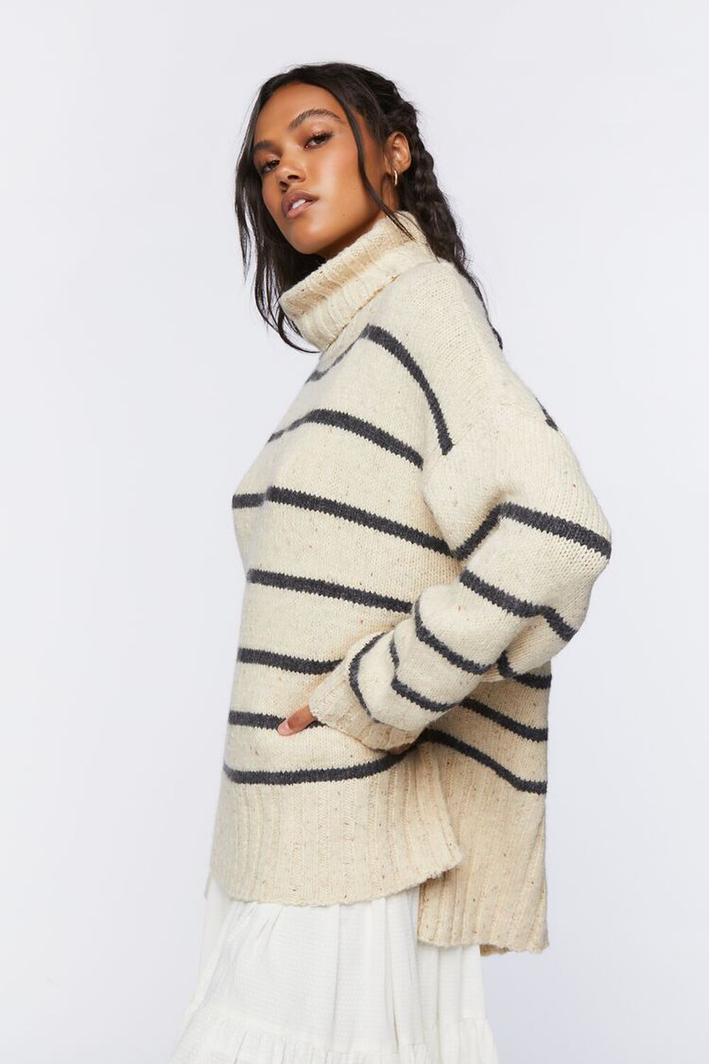 CREAM/GREY Striped Turtleneck Sweater, image 2