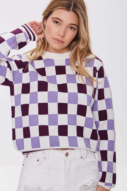CREAM/PURPLE Checkered Variety-Striped Sweater, image 2