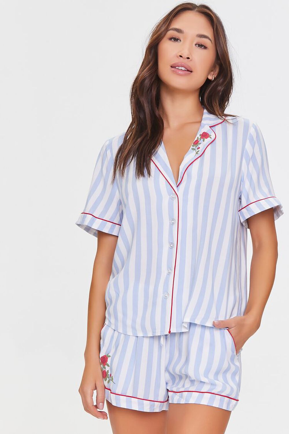 Floral Striped Shirt & Shorts Pajama Set