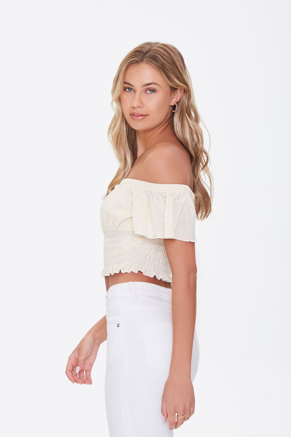 LIGHT YELLOW/BEIGE Striped Off-the-Shoulder Crop Top, image 2