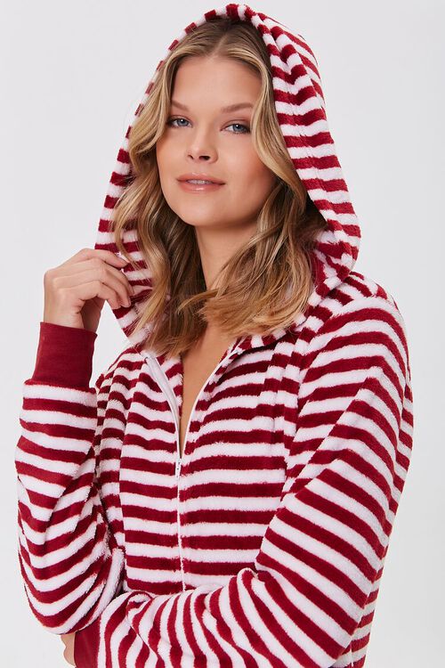 RED/WHITE Fleece Striped Pajama One-Piece, image 1