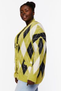 GREEN/MULTI Plus Size Fuzzy Argyle Cardigan Sweater, image 2