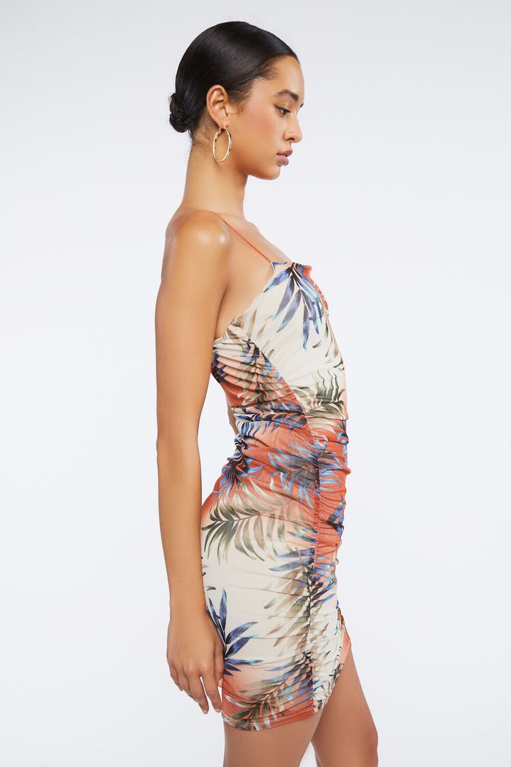 RUST/MULTI Tropical Print Ruched Mini Dress, image 2