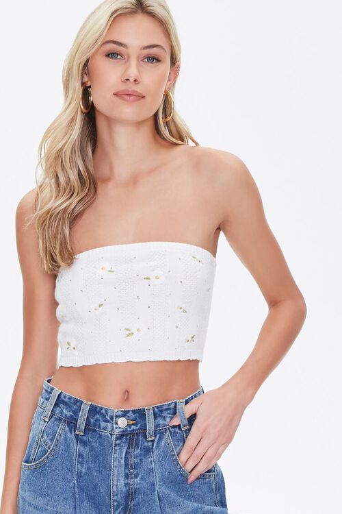 CREAM/MULTI Embroidered Floral Tube Top, image 1