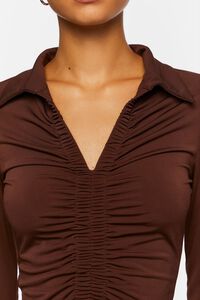 BROWN V-Neck Shirred Long-Sleeve Shirt, image 5