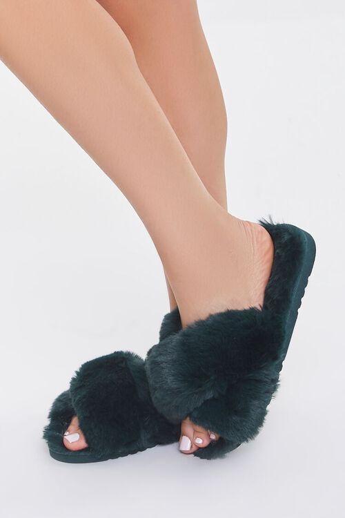 GREEN Faux Fur Open-Toe Slippers, image 1