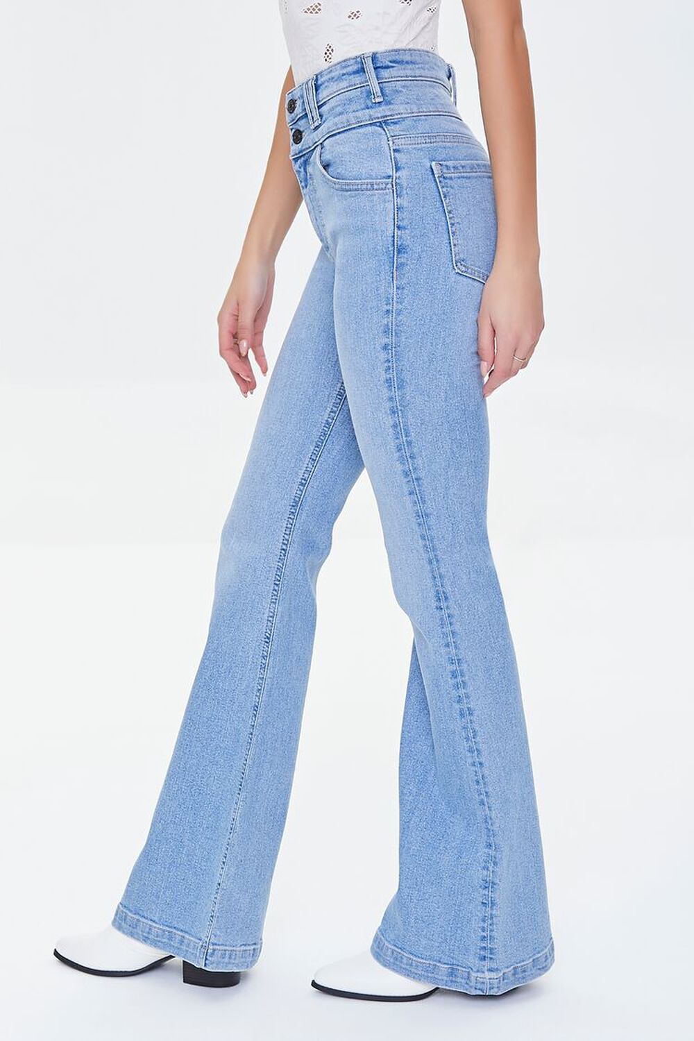 MEDIUM DENIM Recycled Cotton High-Rise Flare Jeans, image 3