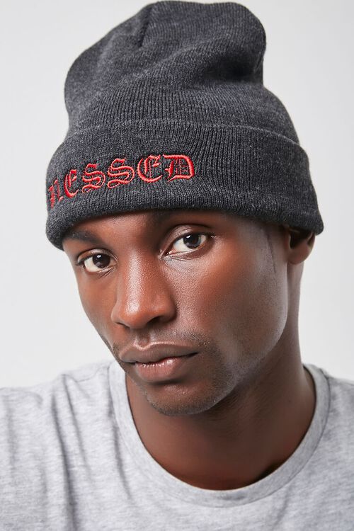 CHARCOAL/RED Embroidered Blessed Beanie, image 1