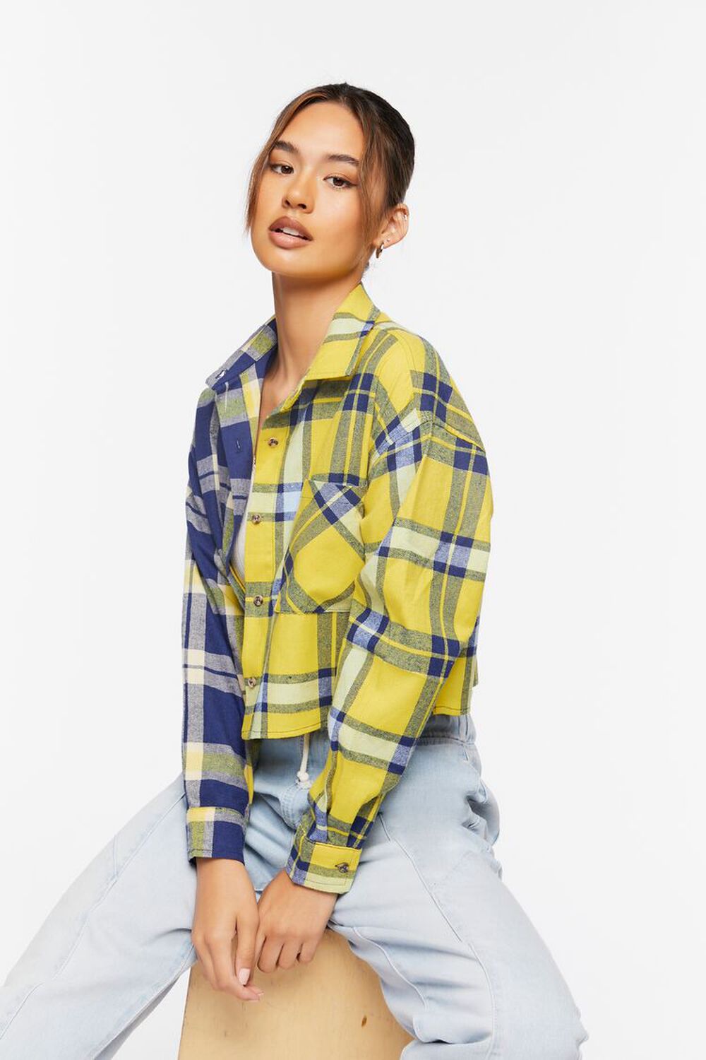 NAVY/GOLD Colorblock Plaid Cropped Shirt, image 1