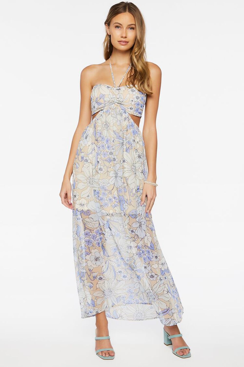 BLUE/MULTI Chiffon Floral Maxi Halter Dress, image 1