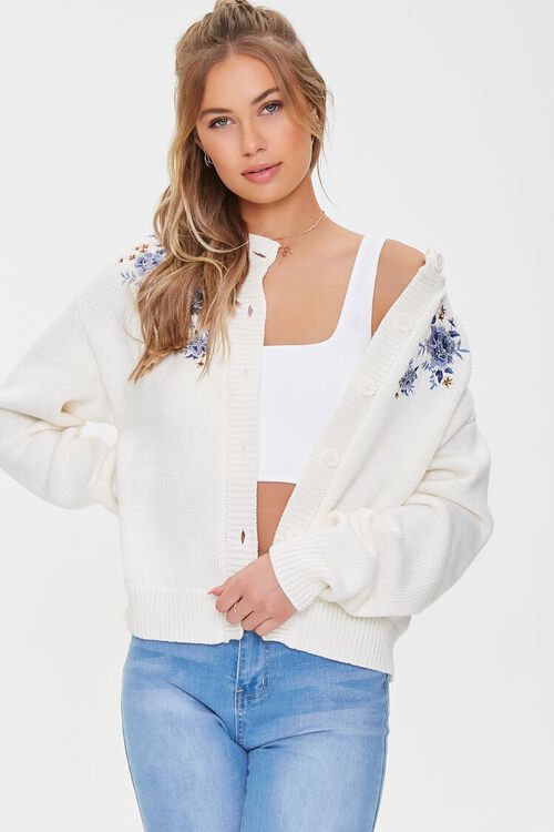 CREAM/PURPLE Floral Embroidered Cardigan Sweater, image 1