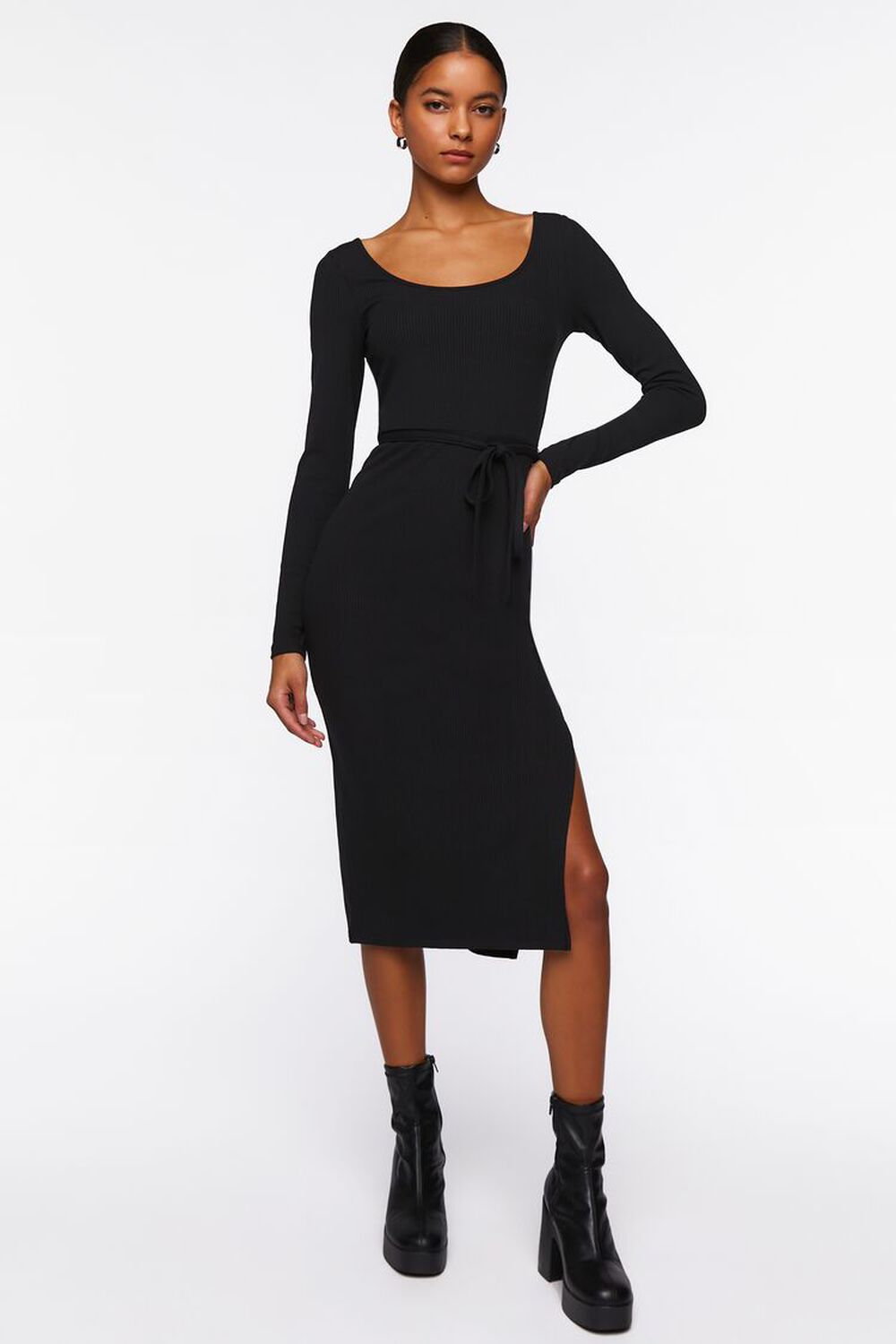 BLACK Tie-Waist Slit Midi Dress, image 1