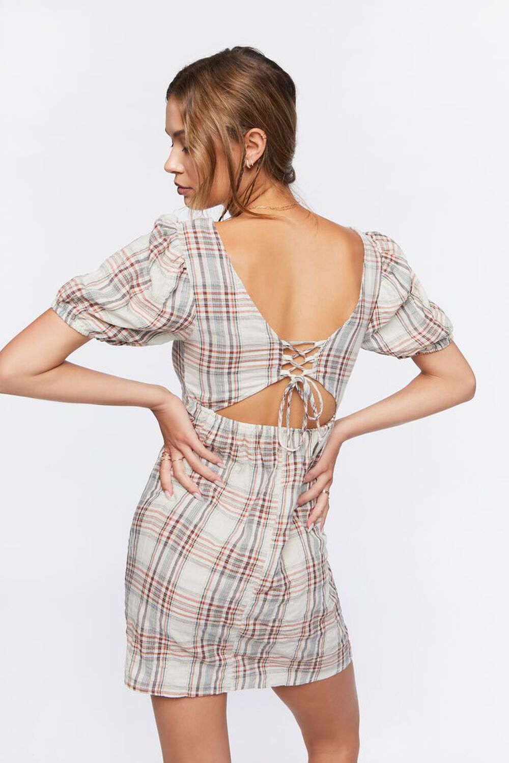 TAUPE/MULTI Plaid Lace-Back Mini Dress, image 3