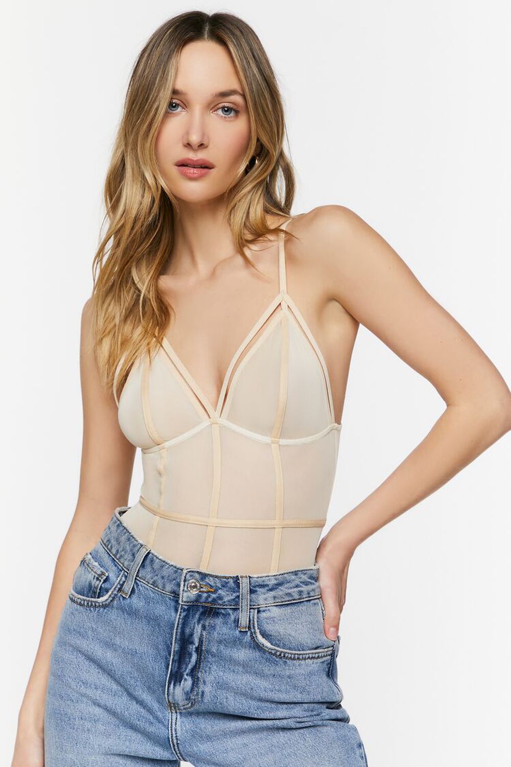 NUDE Plunging Mesh Caged Bodysuit, image 1