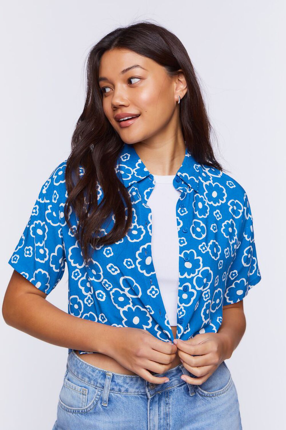 BIJOU BLUE/MULTI Floral Print Cropped Shirt, image 1
