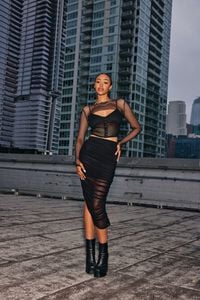 BLACK Mesh Bodycon Midi Skirt, image 1