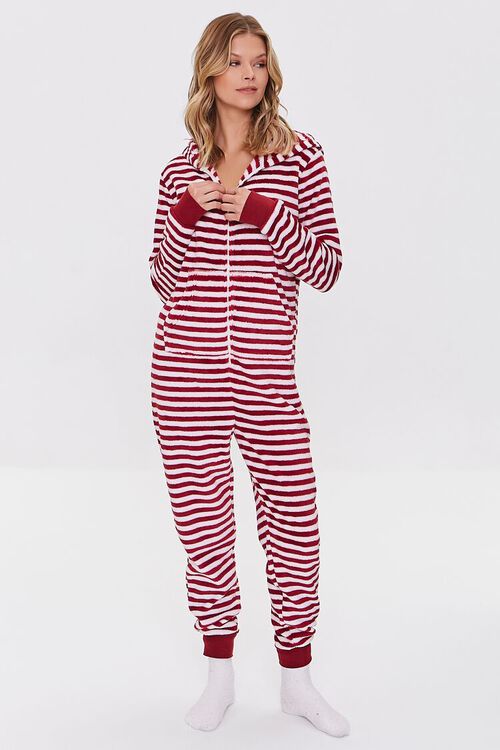RED/WHITE Fleece Striped Pajama One-Piece, image 4