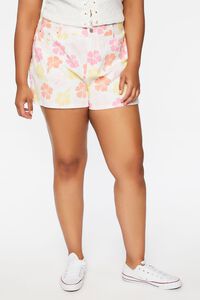 CREAM/PINK Plus Size Tropical Floral Denim Shorts, image 2