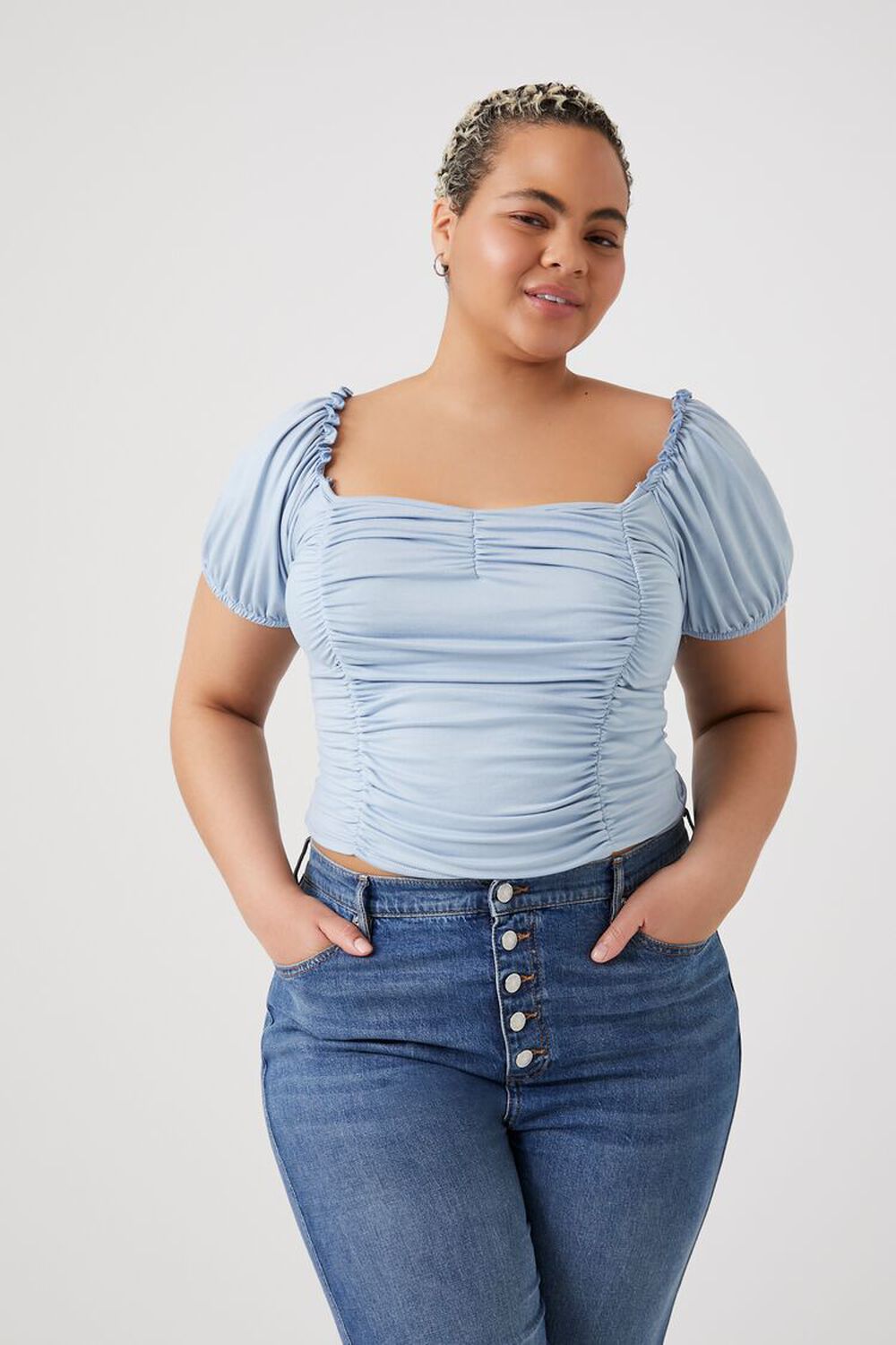 BLUE Plus Size Ruched Puff-Sleeve Crop Top, image 1