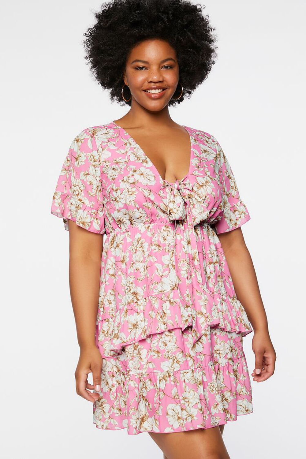 PINK/MULTI Plus Size Floral Print Flounce Dress, image 1