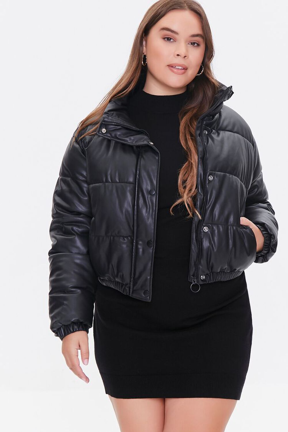 BLACK Plus Size Faux Leather Puffer Jacket, image 1