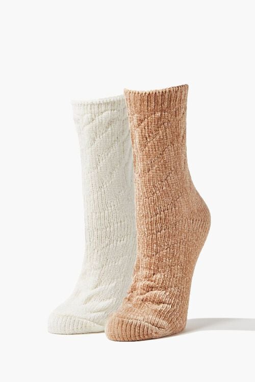 CREAM/TAUPE Cable Knit Crew Sock Set - 2 pack, image 1