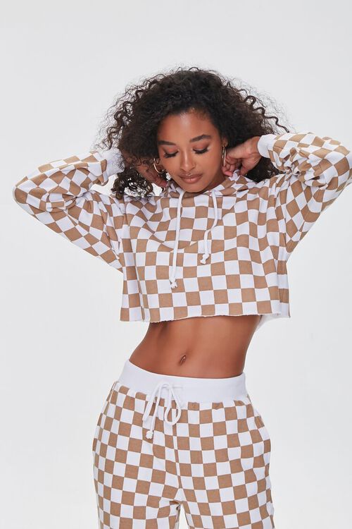 TAUPE/WHITE Checkered Cropped Hoodie, image 1