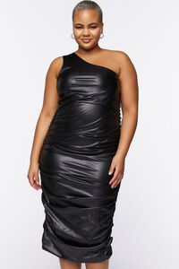 BLACK Plus Size Faux Leather One-Shoulder Midi Dress, image 4