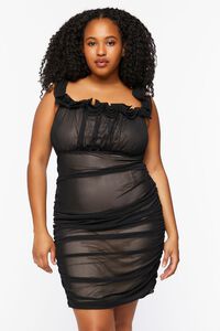 BLACK/NUDE Plus Size Ruched Ruffle-Trim Mini Dress, image 4