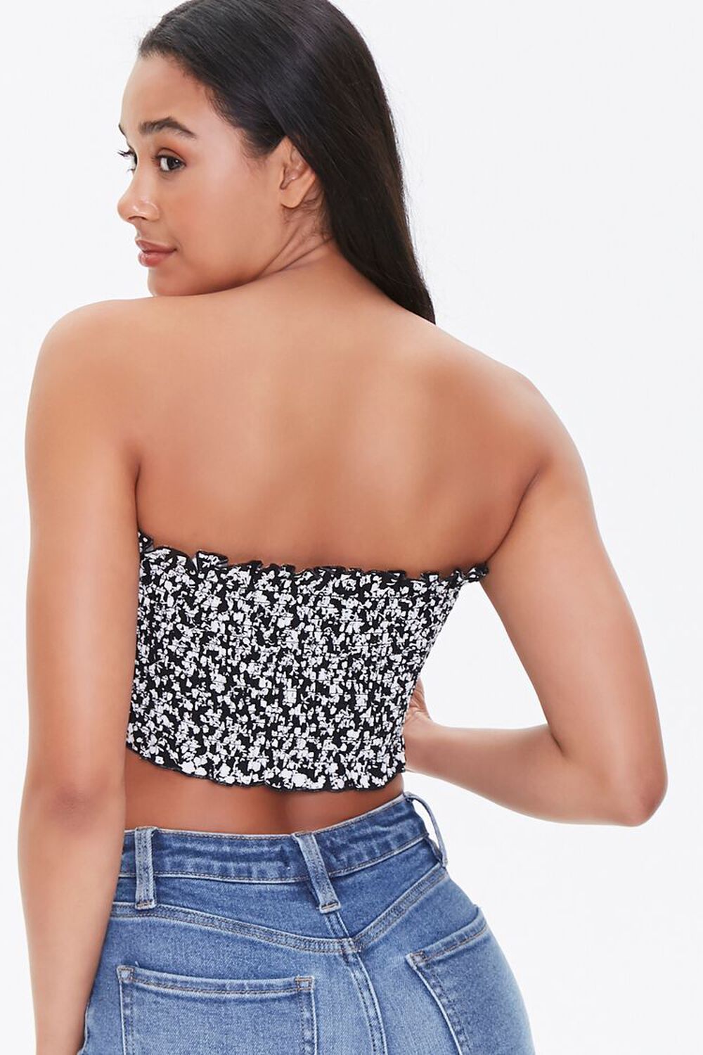 BLACK/WHITE Tie-Front Floral Tube Top, image 3
