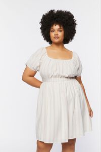 CREAM/MAUVE Plus Size Striped Puff-Sleeve Mini Dress, image 1