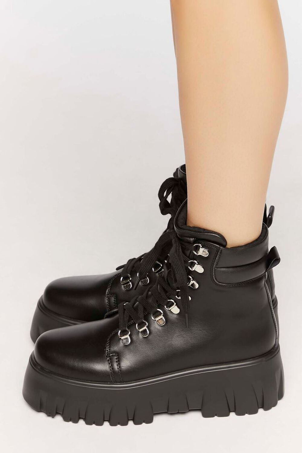 BLACK Faux Leather Lace-Up Combat Boots, image 2