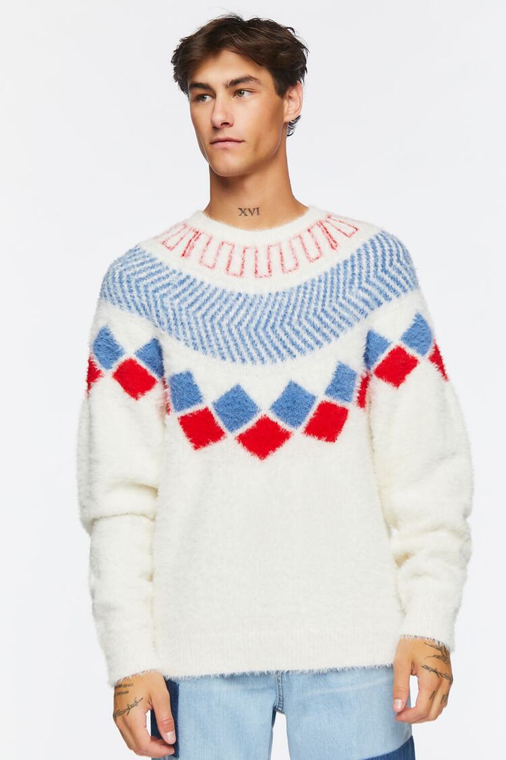 CREAM/MULTI Fuzzy Knit Geo Pattern Sweater, image 2