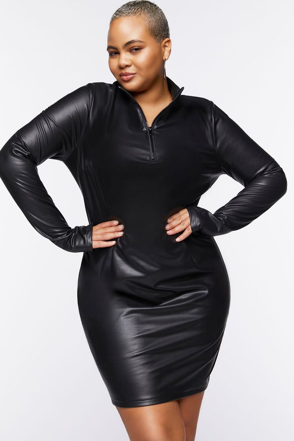 BLACK Plus Size Faux Leather Half-Zip Mini Dress, image 1