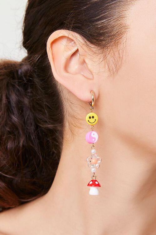 GOLD/PINK Yin Yang & Happy Face Drop Earrings, image 1