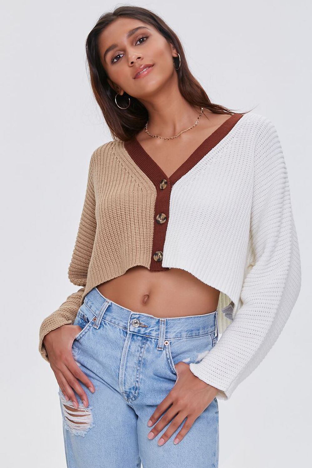 TAUPE/MULTI Cropped Colorblock Cardigan Sweater, image 1