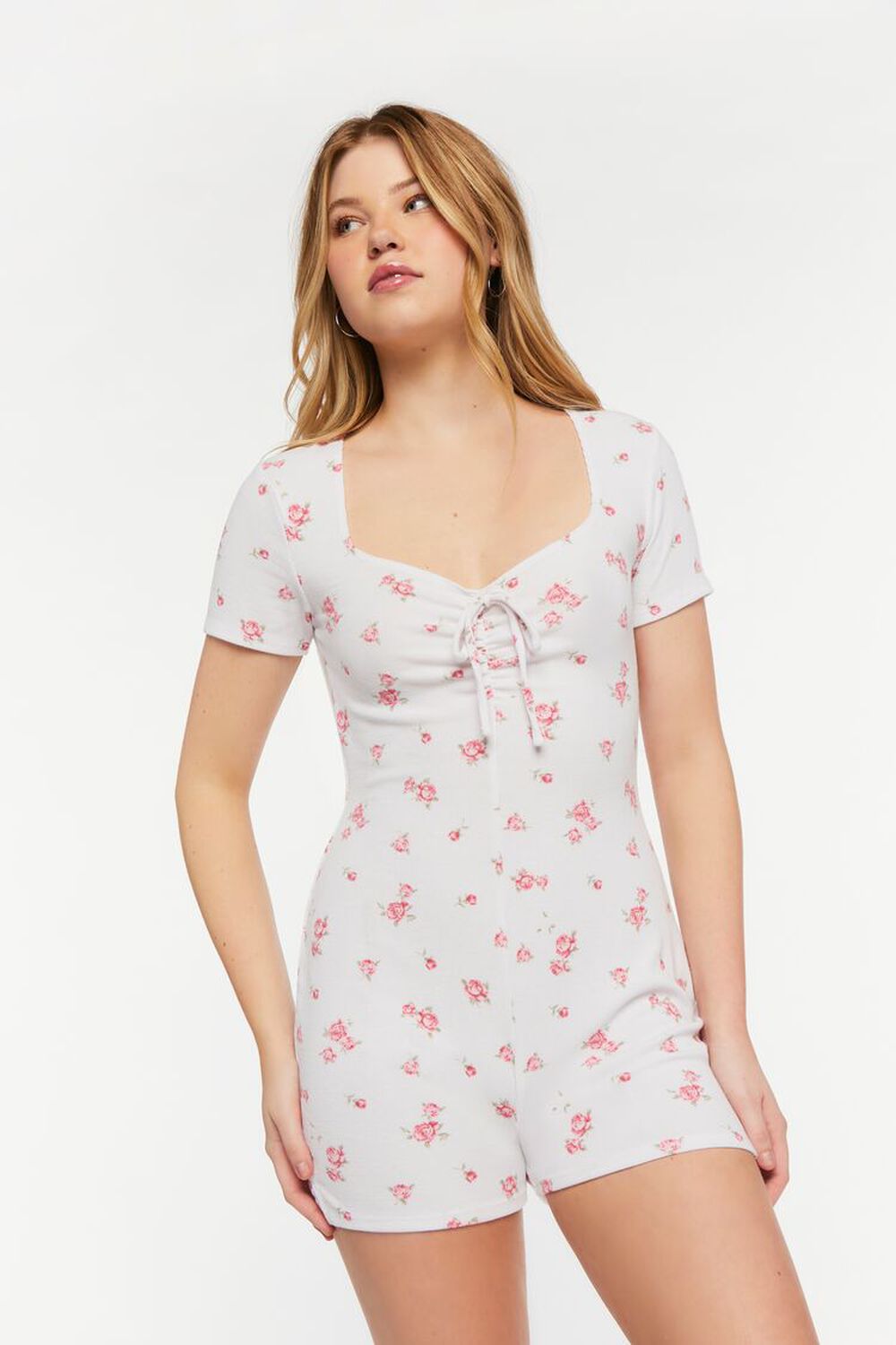 WHITE/PINK Rose Print Ruched Lounge Romper, image 2