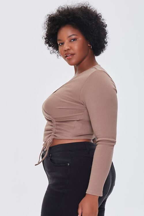 TAUPE Plus Size Ruched Drawstring Crop Top, image 2