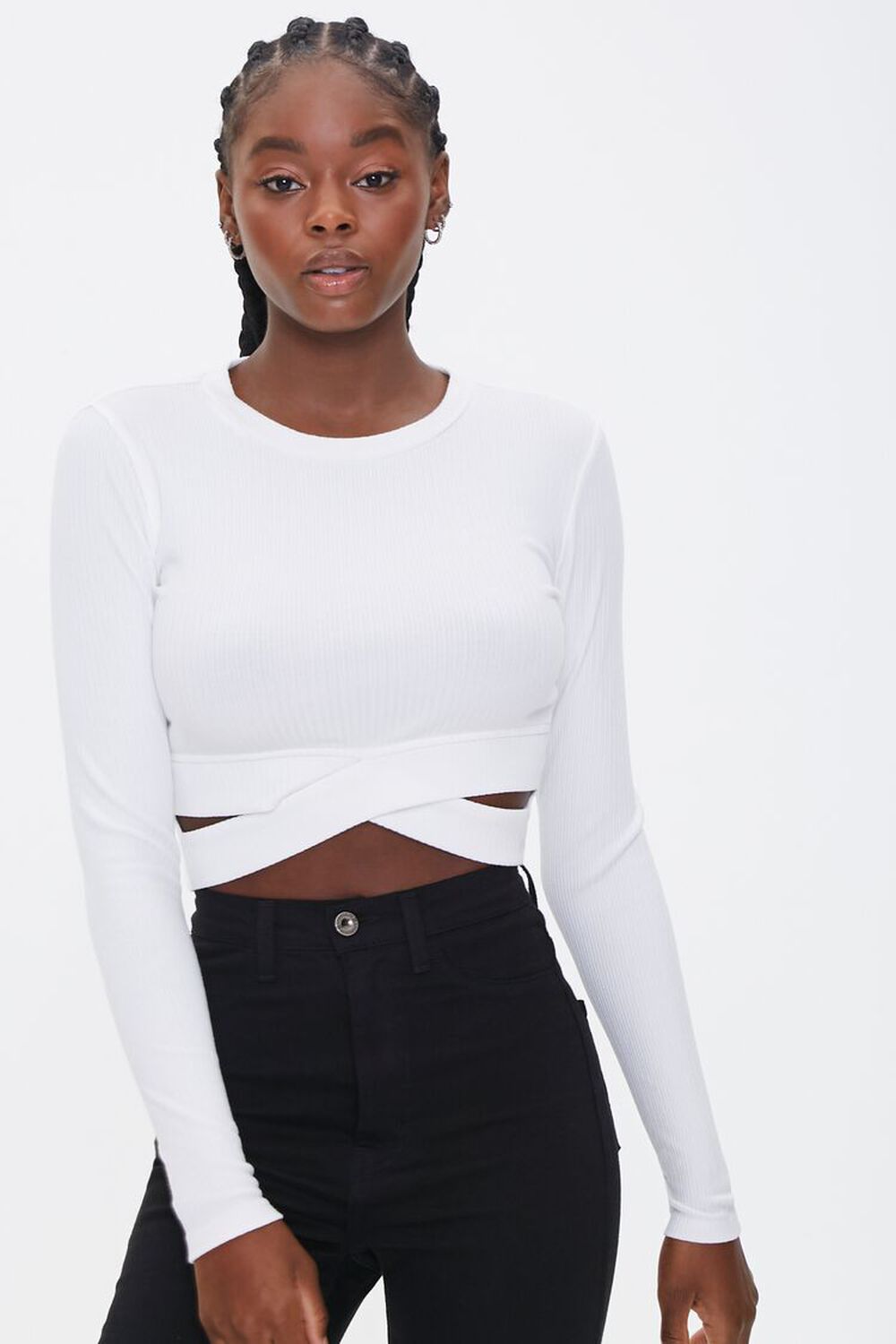 WHITE Ribbed Knit Cutout Crop Top, image 1