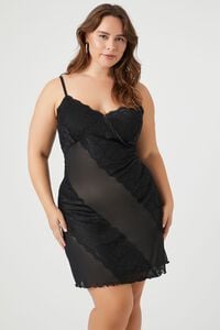 BLACK Plus Size Lace Mesh Slip Dress, image 2