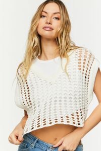 WHITE Open-Knit Cropped Sweater Vest, image 1