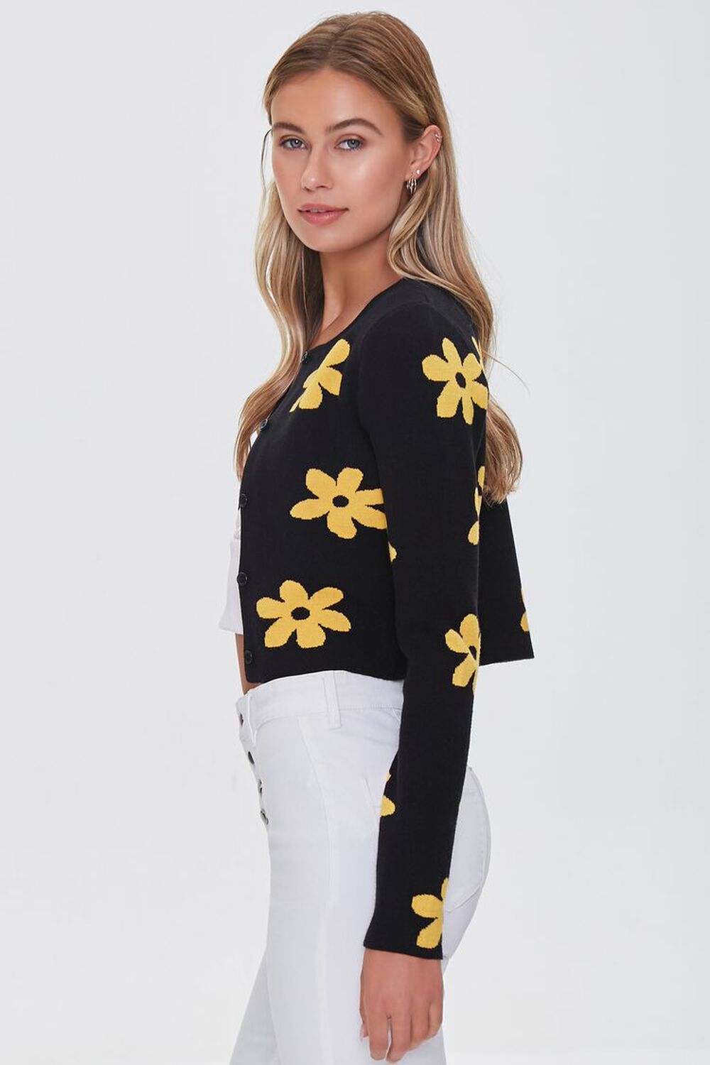 BLACK/YELLOW Daisy Print Buttoned Cardigan Sweater, image 2
