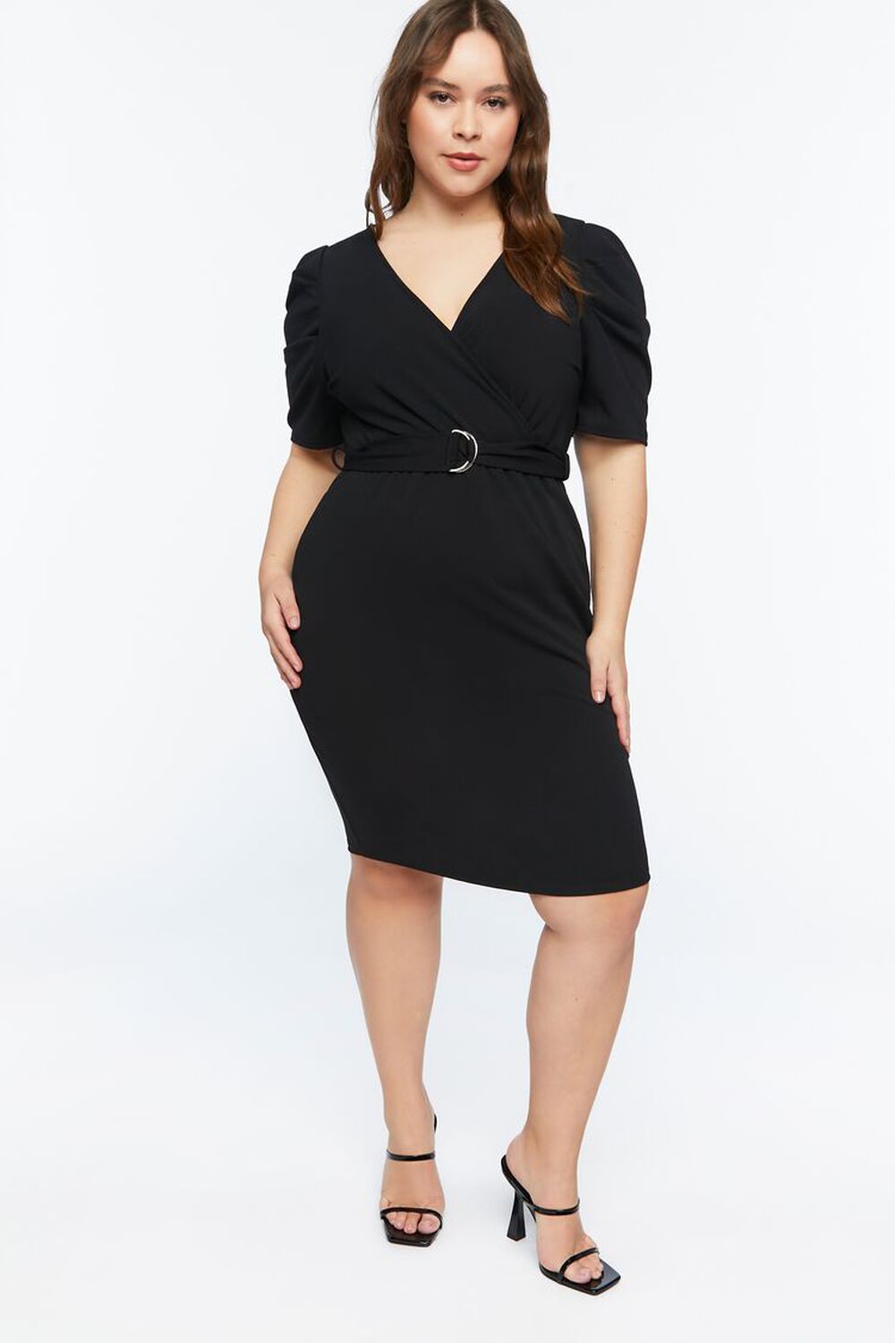 BLACK Plus Size Belted Surplice Puff-Sleeve Dress, image 1