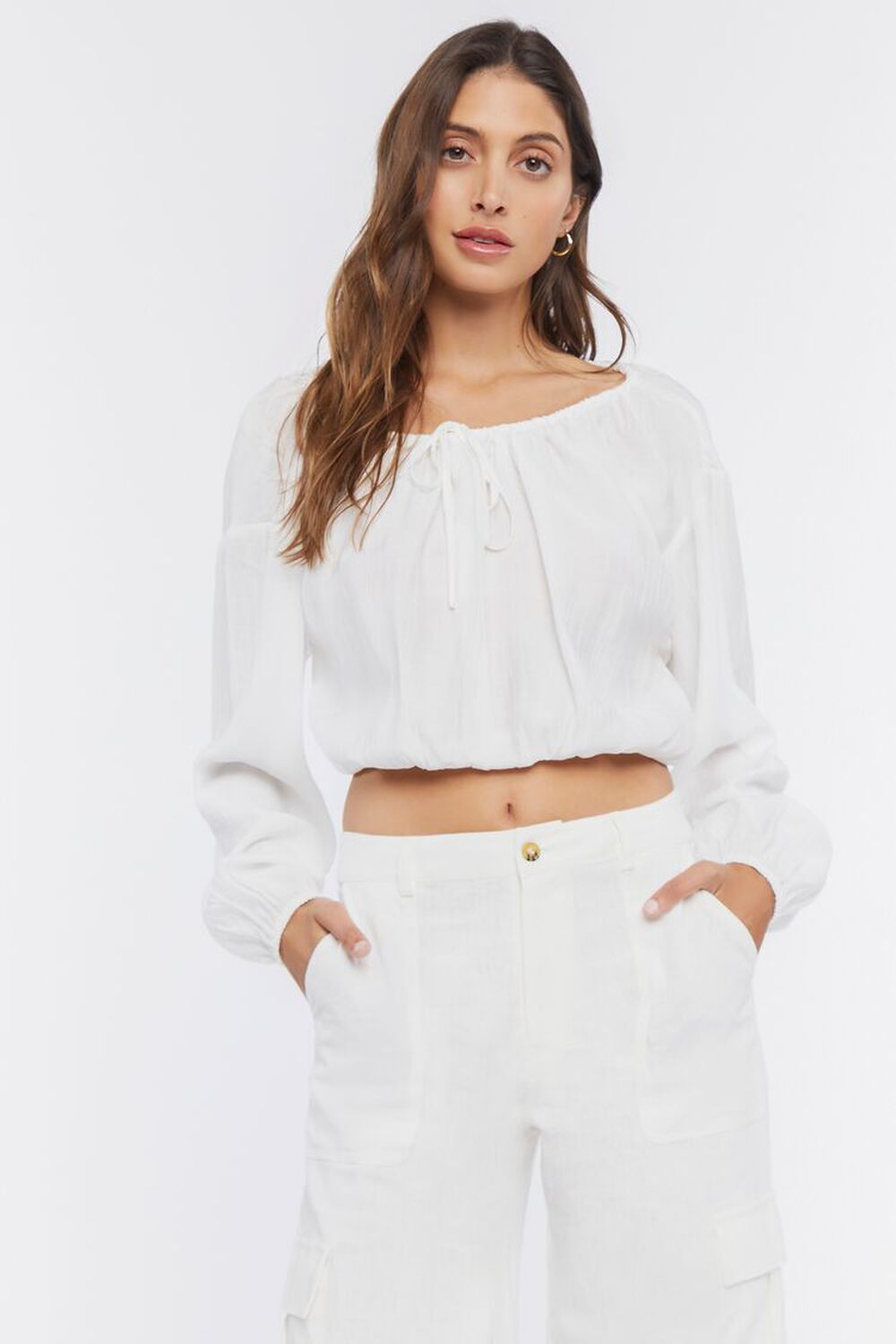WHITE Peasant-Sleeve Ruched Crop Top, image 1