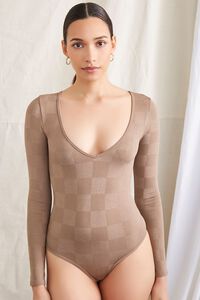 TAUPE Checkered Long-Sleeve Bodysuit, image 5