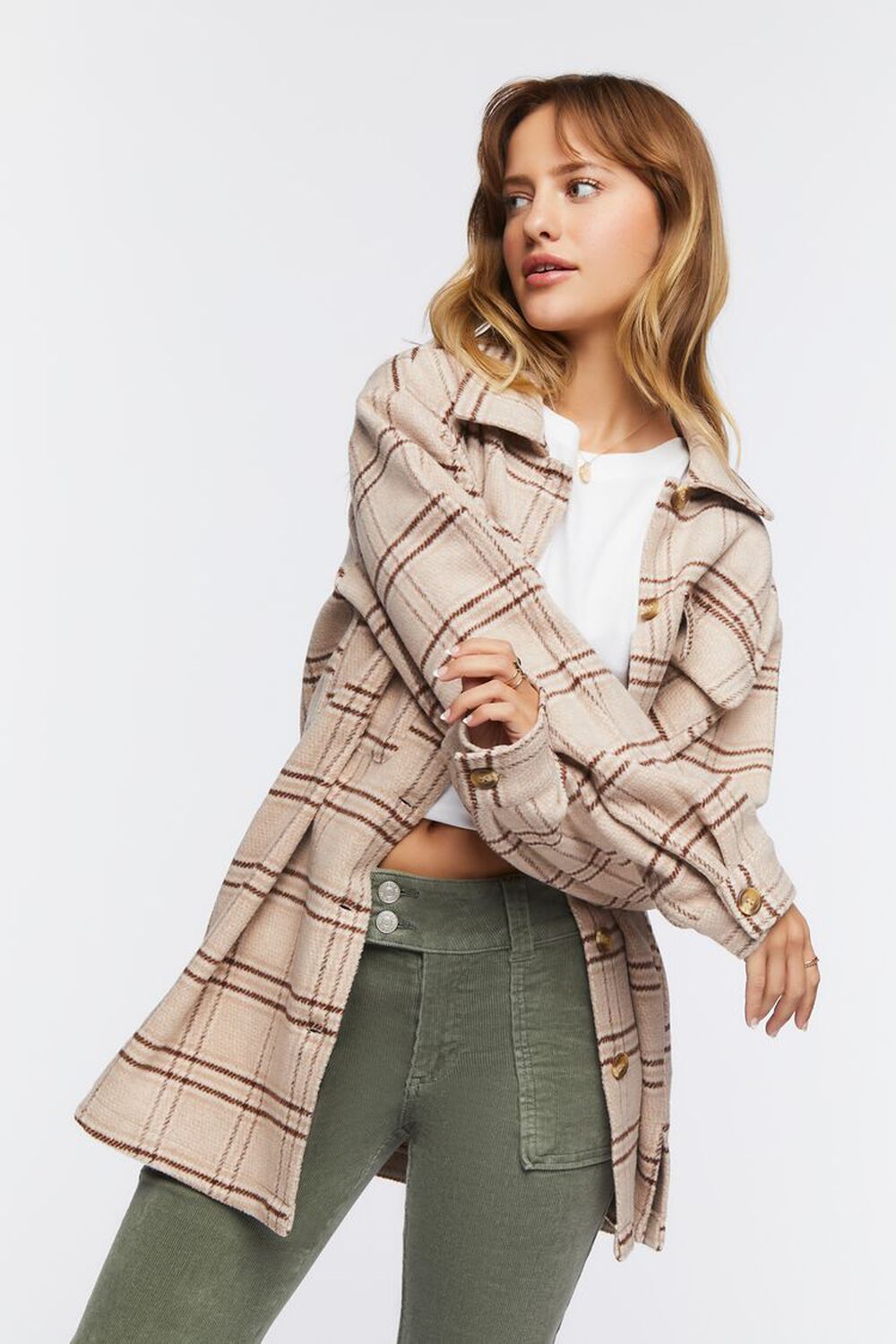 TAN/BROWN Plaid Button-Front Shacket, image 2